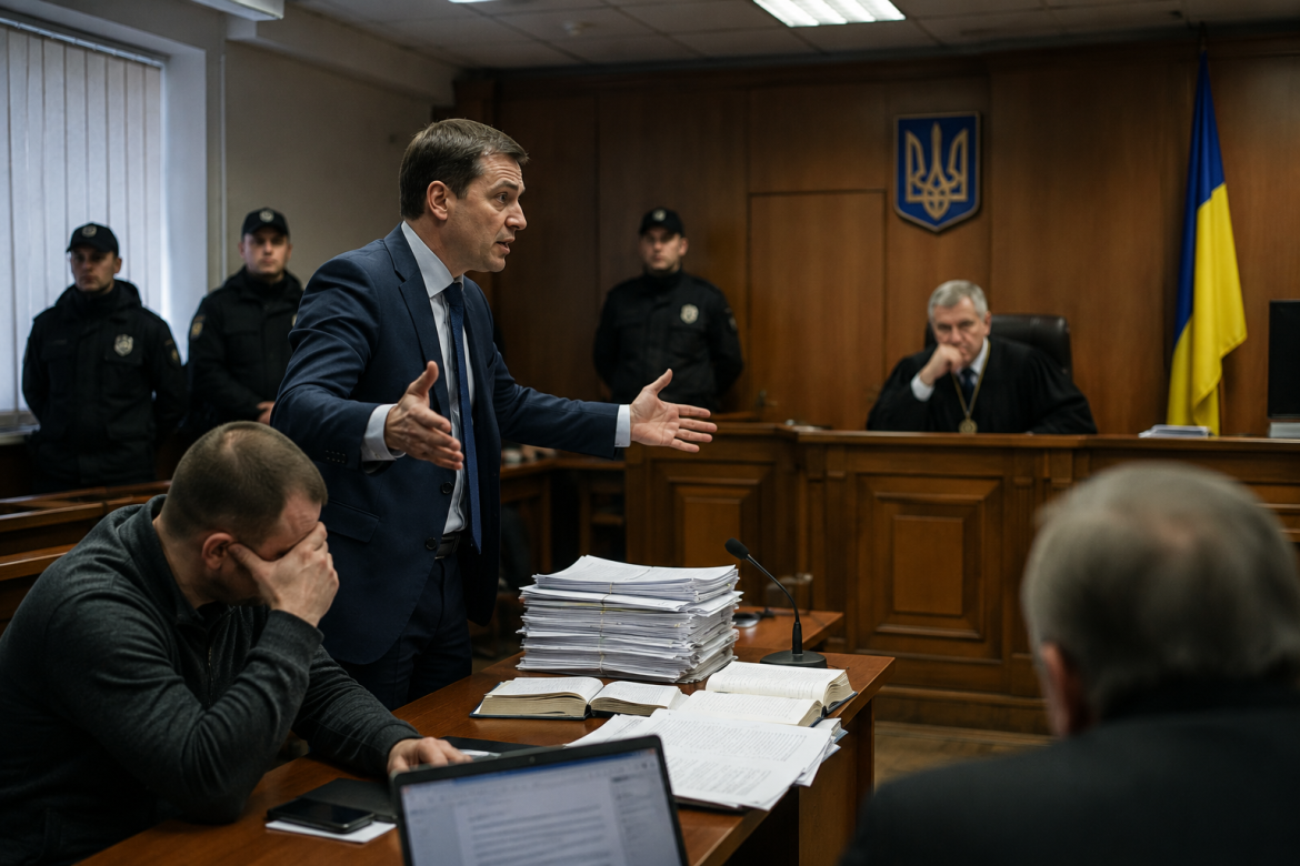Адвокат виступає в залі суду, захищаючи права свого клієнта в Україні