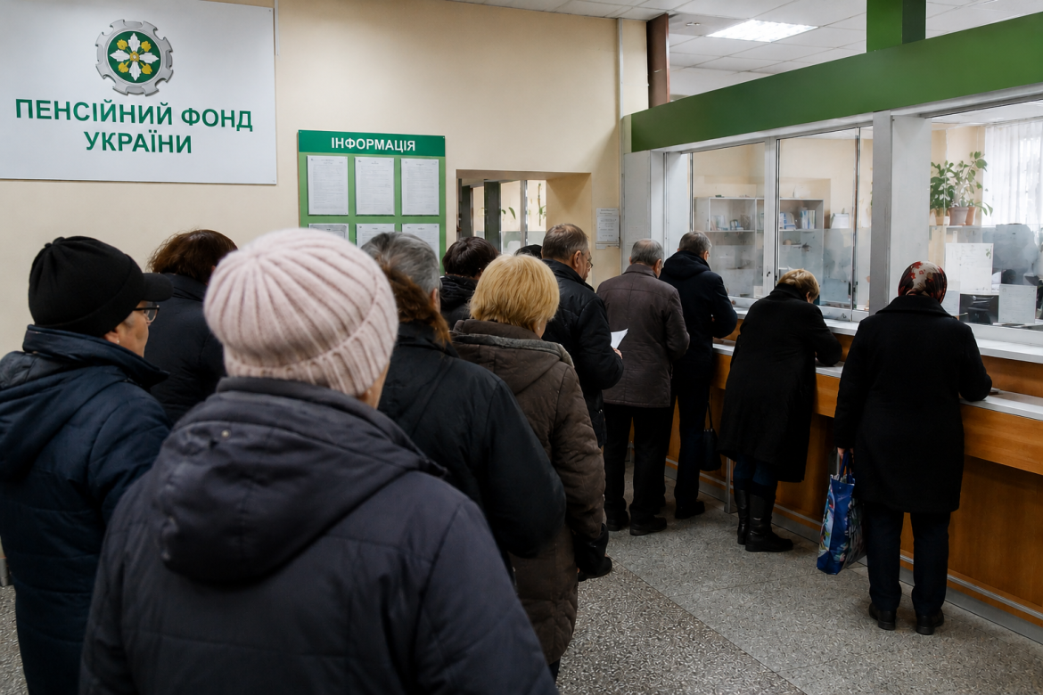 Люди похилого віку стоять у черзі до віконця Пенсійного фонду України