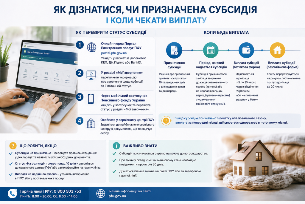 Інфографіка з поясненням, як перевірити статус житлової субсидії, строки її призначення, порядок виплат та корисні поради для отримувачів.