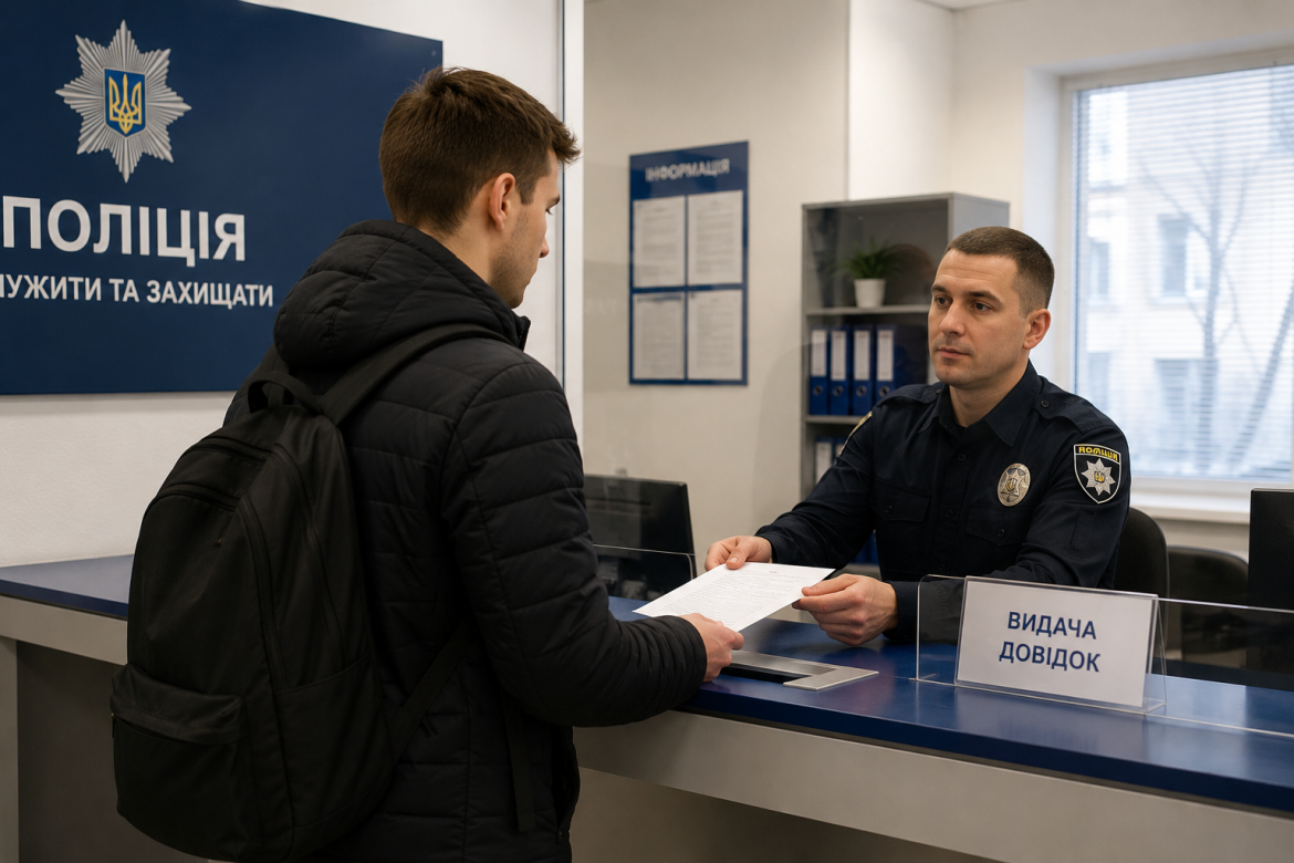 Чоловік отримує довідку про несудимість у відділенні поліції