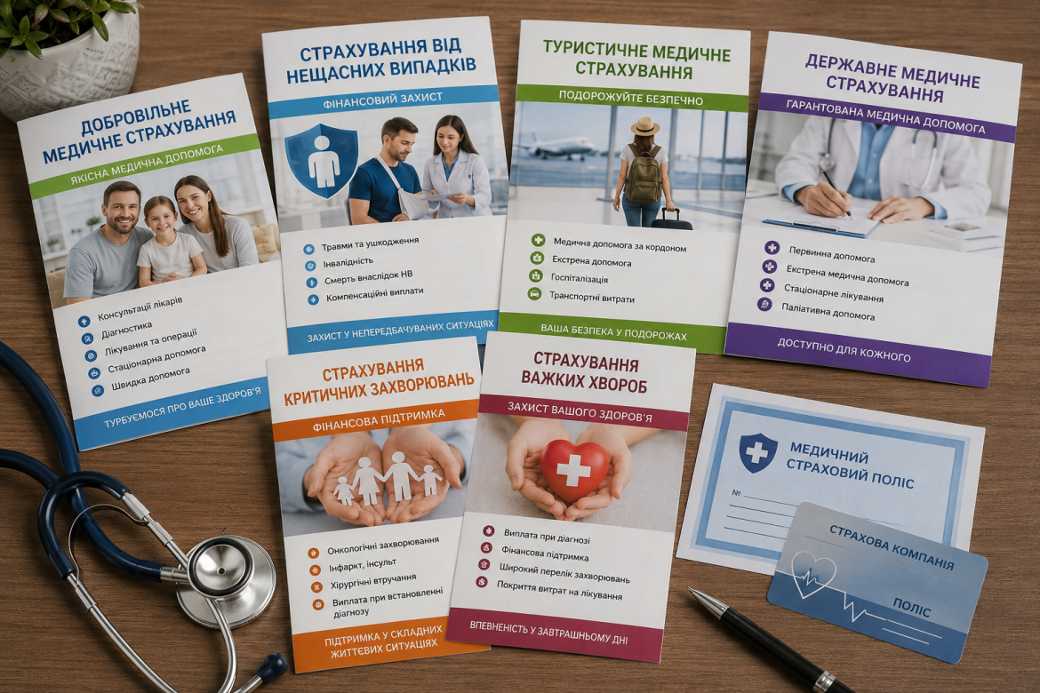 Буклети різних видів медичного страхування, стетоскоп та страховий поліс на столі