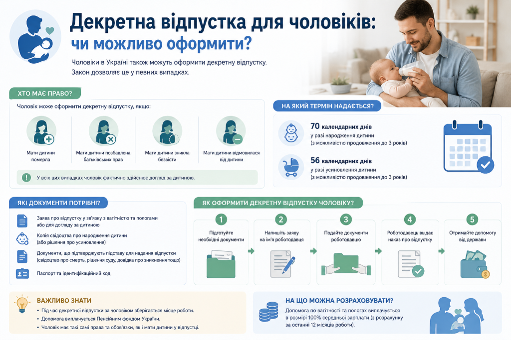 Інфографіка про умови та порядок оформлення декретної відпустки для батьків-чоловіків