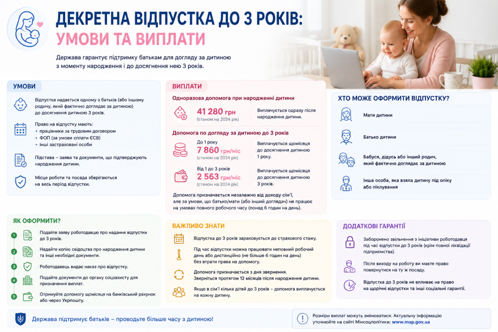 Інфографіка про умови оформлення та розміри виплат у декретній відпустці до 3 років