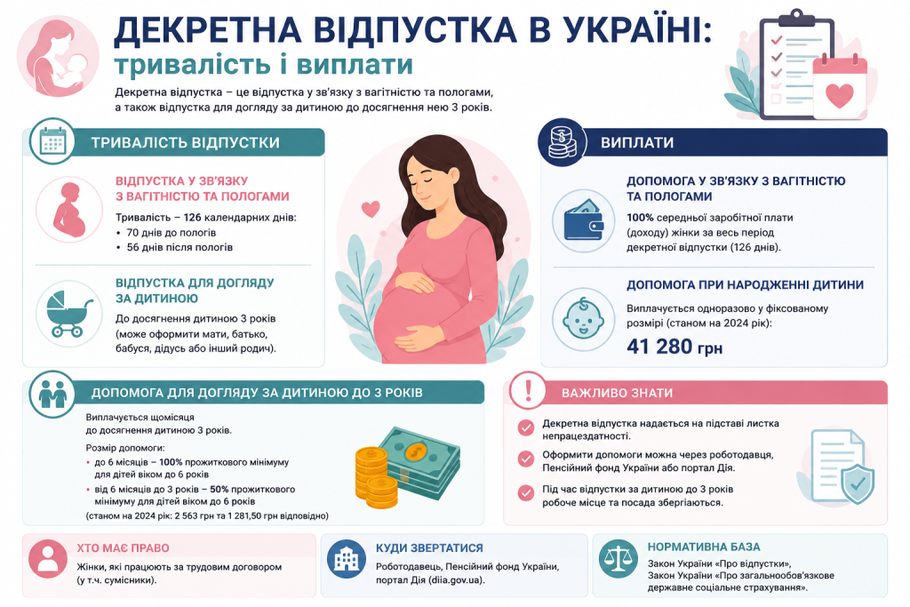 Інфографіка про тривалість декретної відпустки та розміри виплат вагітним жінкам