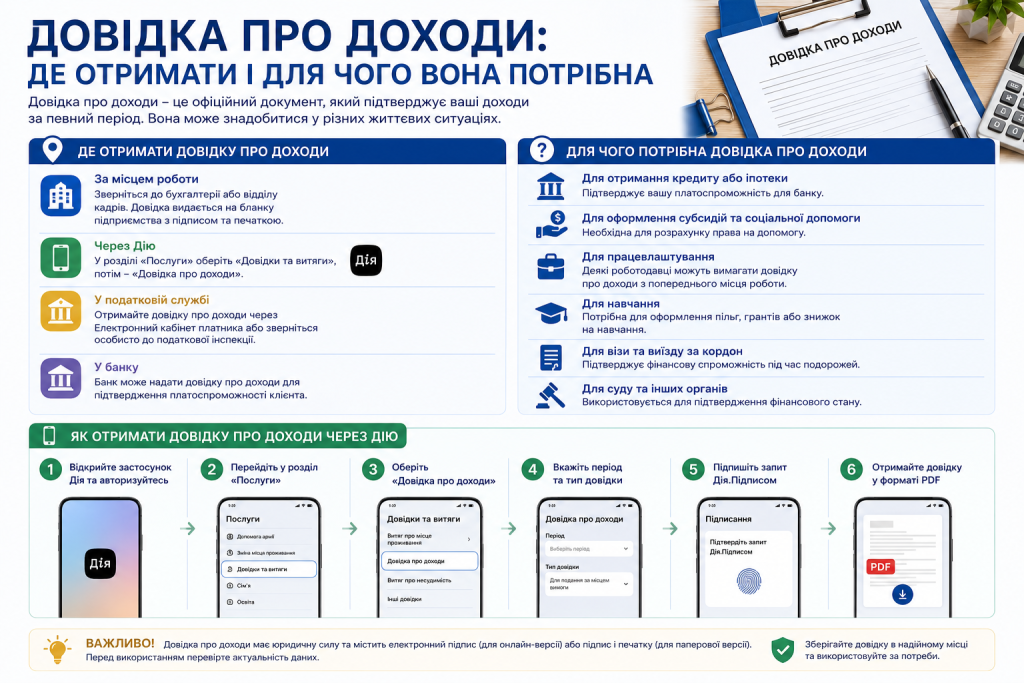 Інфографіка про способи отримання довідки про доходи та сфери її застосування