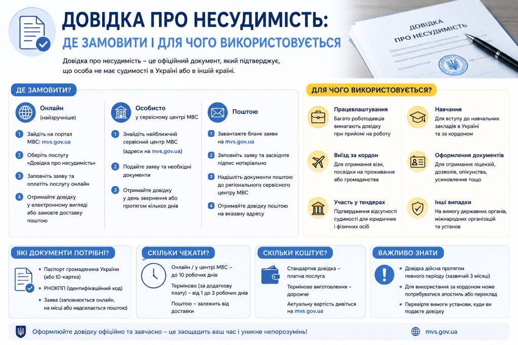 Інфографіка про способи замовлення довідки про несудимість та сфери її застосування