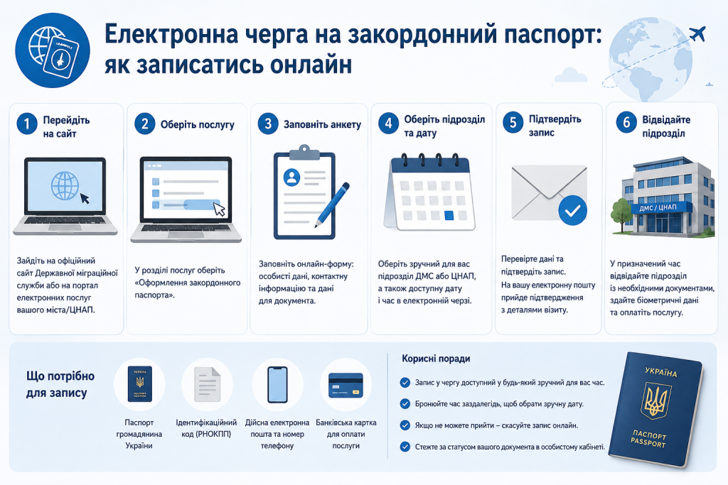 Інфографіка з покроковою інструкцією запису в електронну чергу на оформлення закордонного паспорта