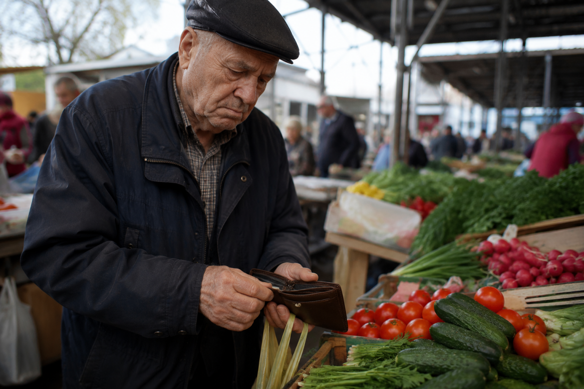 Літній чоловік перевіряє гаманець, купуючи овочі на продуктовому ринку