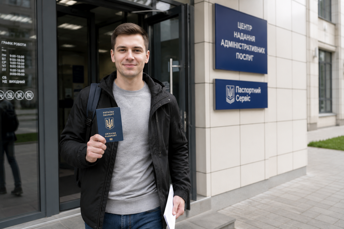 Молодий чоловік стоїть біля будівлі ЦНАП і тримає новий український закордонний паспорт після завершення оформлення документа.
