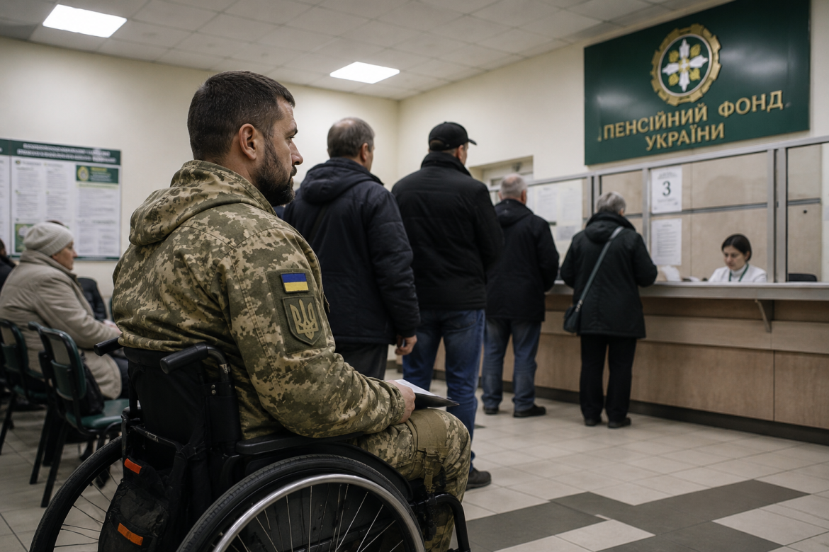 Ветеран ЗСУ на інвалідному візку очікує в черзі у відділенні Пенсійного фонду України
