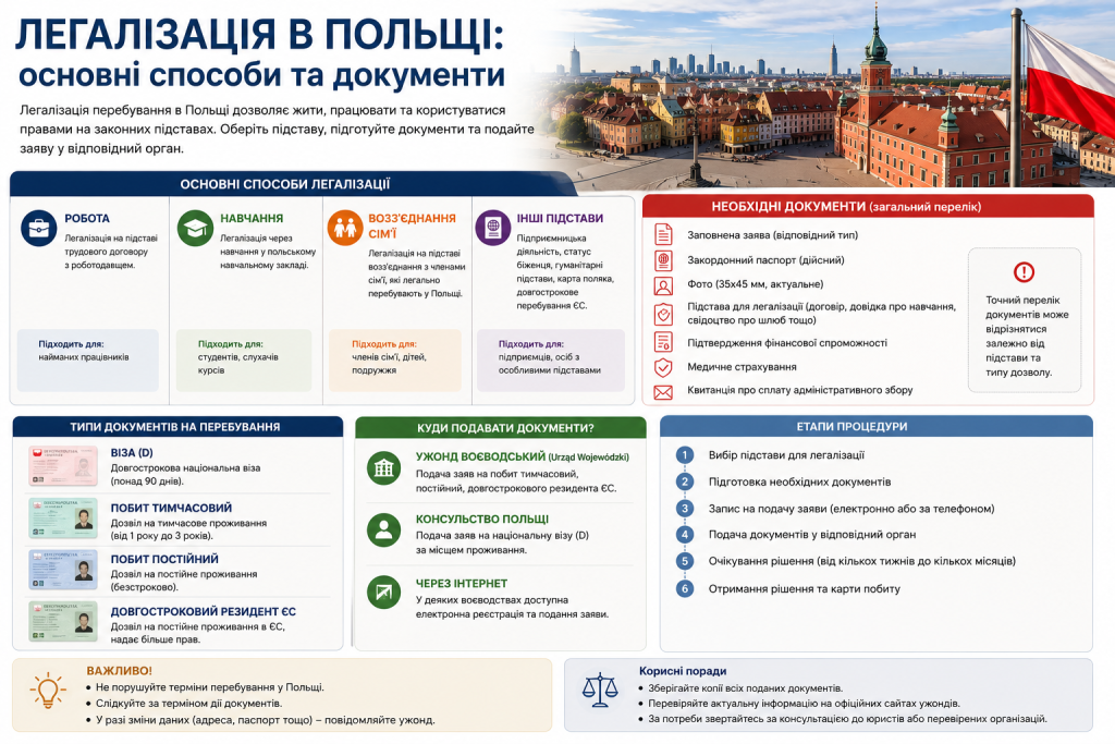 Інфографіка про способи легалізації перебування в Польщі та необхідні документи