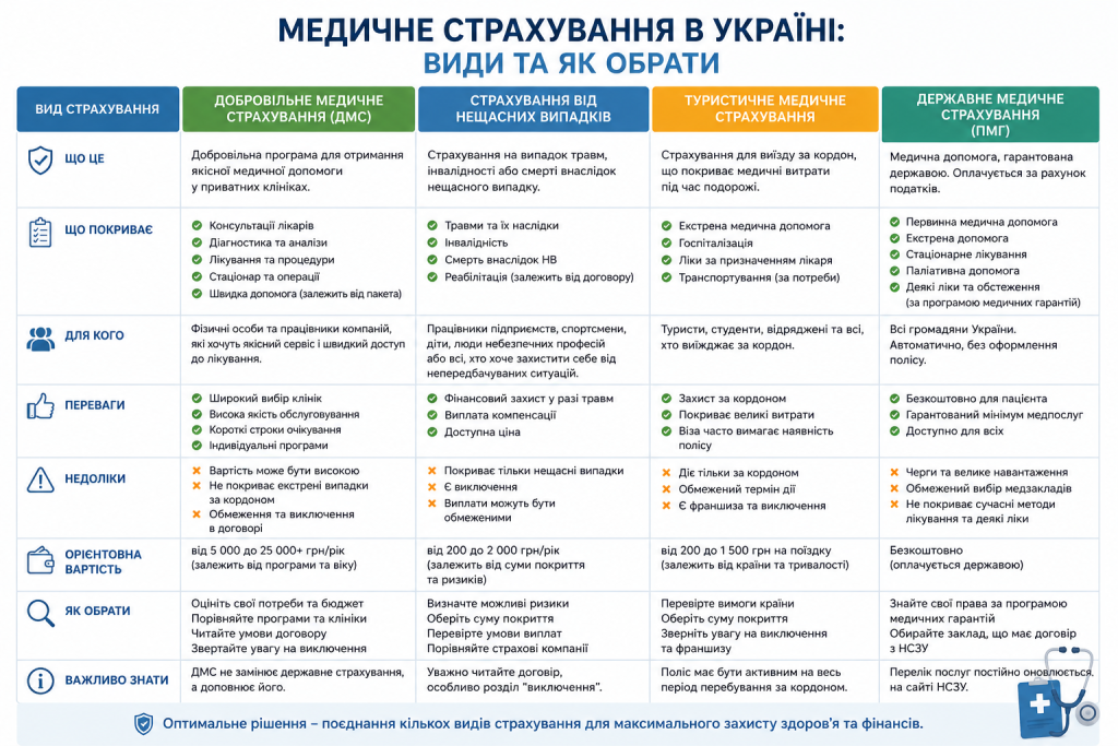 Інфографіка з порівнянням видів медичного страхування в Україні: ДМС, туристичне та державне