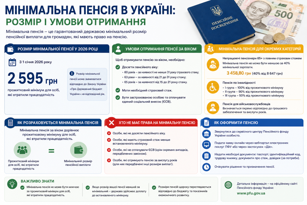 Інфографіка про розмір мінімальної пенсії та умови її отримання в Україні у 2026 році