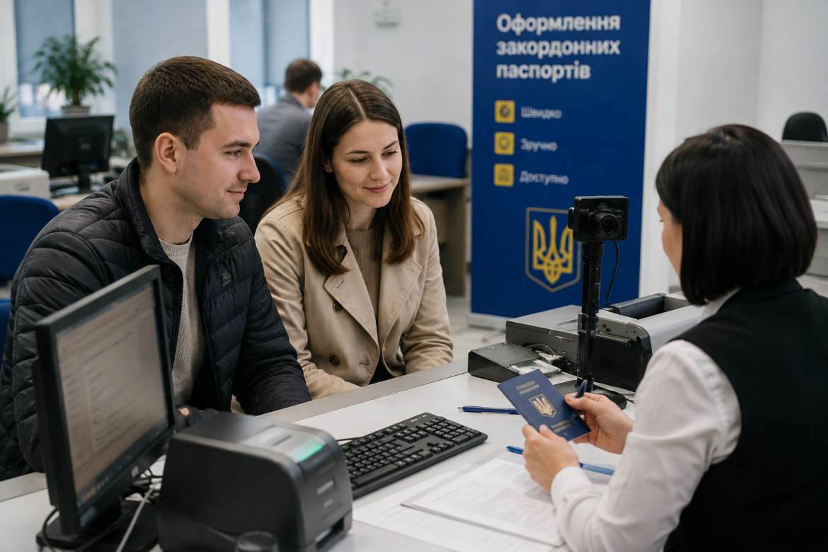 Пара подає документи на оформлення закордонних паспортів у сервісному центрі