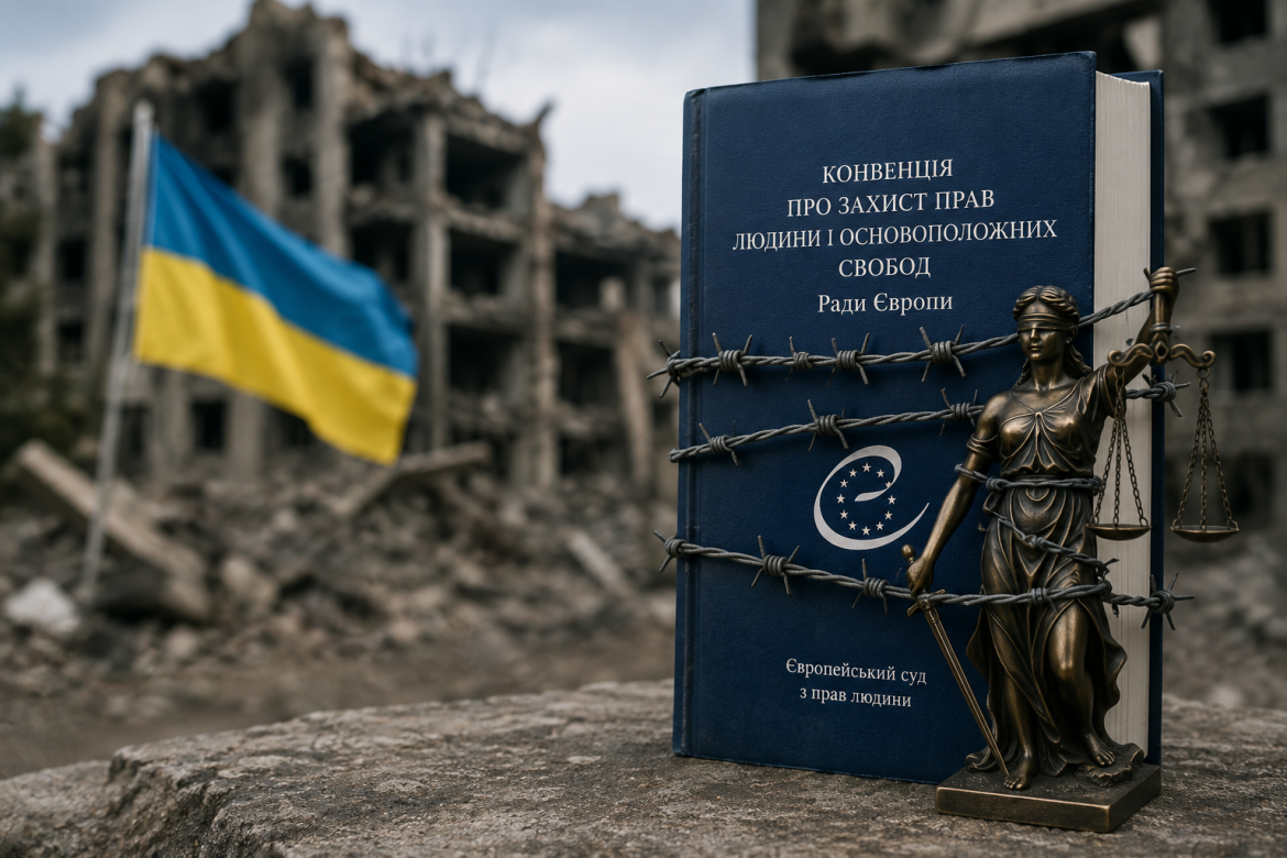 Книга Конвенції про захист прав людини поруч із символом правосуддя на тлі руйнувань.