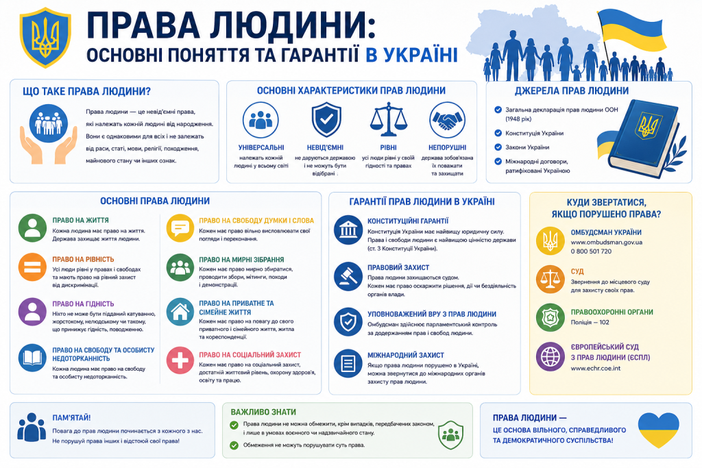Інфографіка з переліком основних прав людини та гарантій їх захисту в Україні