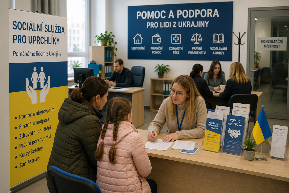 Мати з донькою отримують консультацію в соціальній службі підтримки для людей з України в Чехії