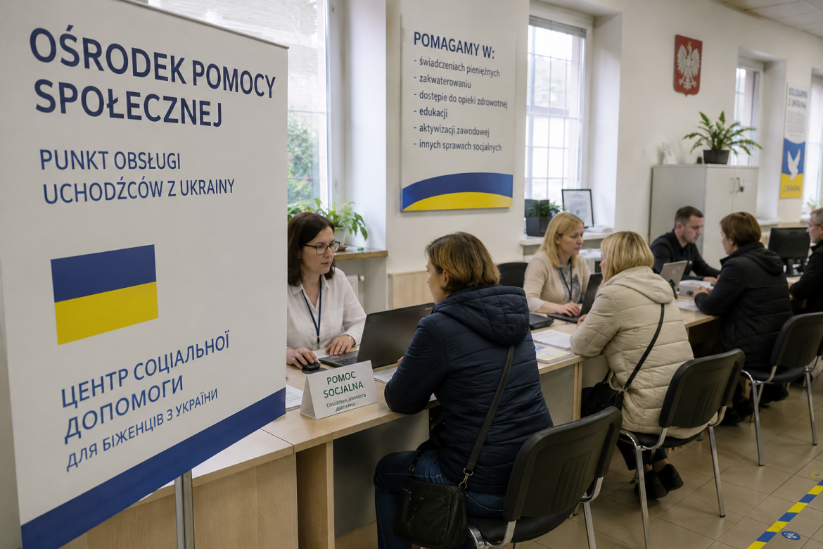 Українські біженці отримують консультацію в центрі соціальної допомоги в Польщі