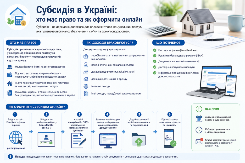 Інфографіка про умови отримання субсидії та порядок оформлення через портал Пенсійного фонду