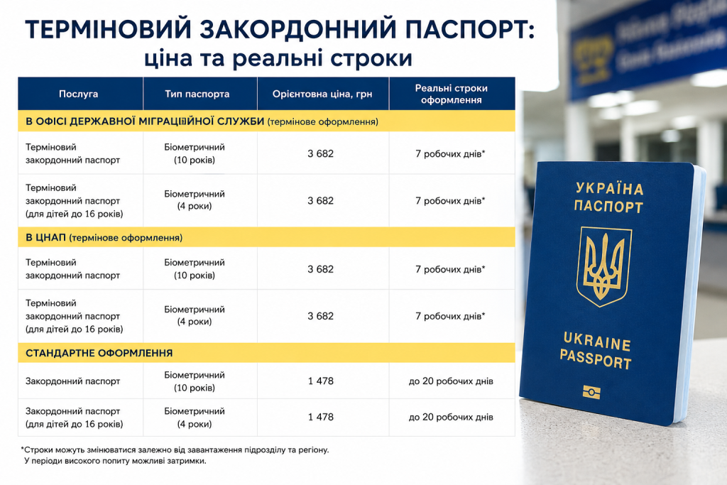 Інфографіка з порівнянням вартості та строків оформлення термінового і стандартного закордонного паспорта України через ДМС та ЦНАП.