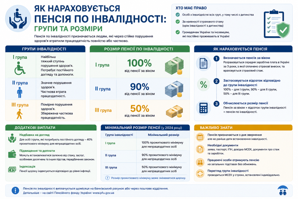 Інфографіка про групи інвалідності та розміри пенсійних виплат в Україні