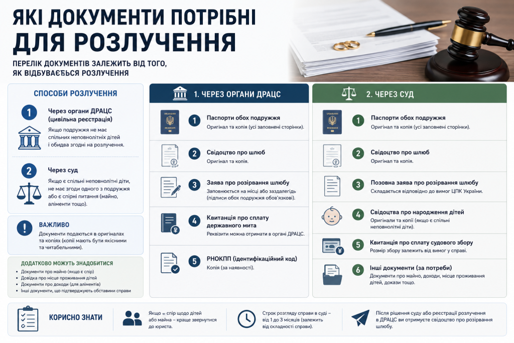 Інфографіка з переліком документів для розірвання шлюбу через ДРАЦС або суд в Україні.