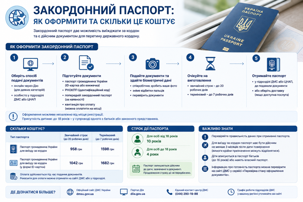 Інфографіка з порядком оформлення закордонного паспорта та вартістю послуг