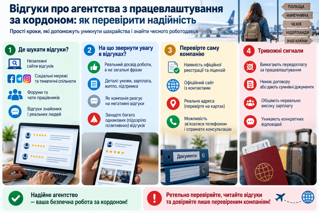Інфографіка про перевірку агентств із працевлаштування за кордоном, пошук реальних відгуків, перевірку документів і виявлення ознак шахрайства.