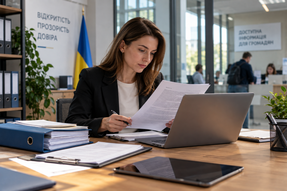 Працівниця в офісі опрацьовує документи та інформаційний запит за ноутбуком.