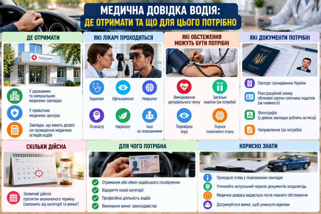 Інфографіка про отримання медичної довідки для водія, необхідних лікарів, обстеження, документи та строк дії