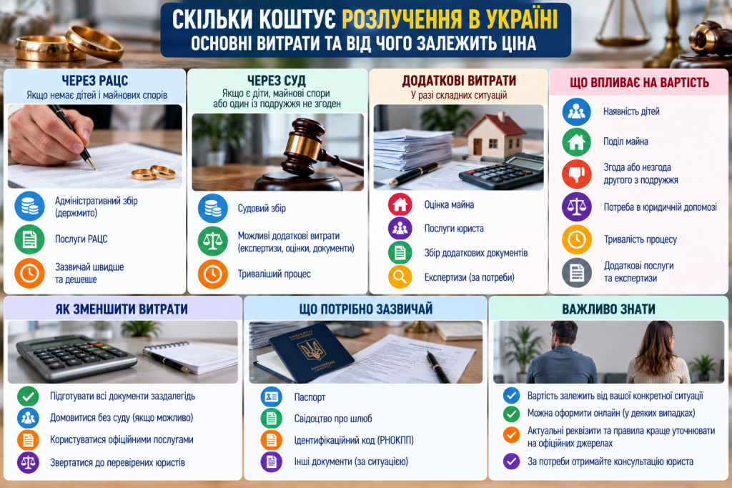 Інфографіка про вартість розлучення в Україні через РАЦС або суд, судові збори, юридичні послуги та додаткові витрати