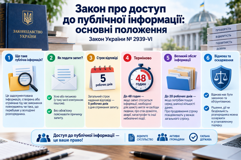 Інфографіка про Закон України про доступ до публічної інформації, строки відповіді, подання запиту та оскарження відмови.
